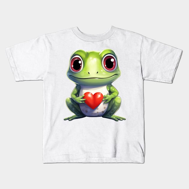 Valentine Frog Holding Heart Kids T-Shirt by Chromatic Fusion Studio